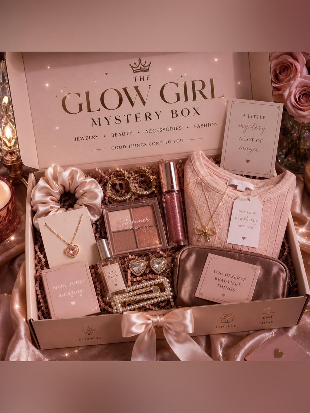 The Glow Girl Mystery Box makeup accessories jewelry beauty items & more